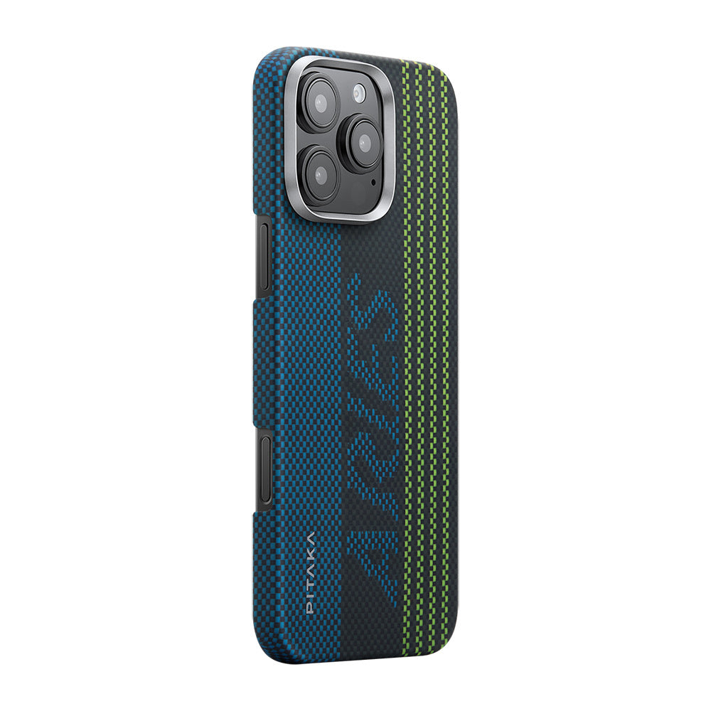 iPhone 16 Pro Max Kılıf M-safe Şarj Özellikli Lumintex Teknolojili Fosforlu Aramid Karbon Fiber Pitaka Tactile Woven Aries Serisi Credit Card Kılıf