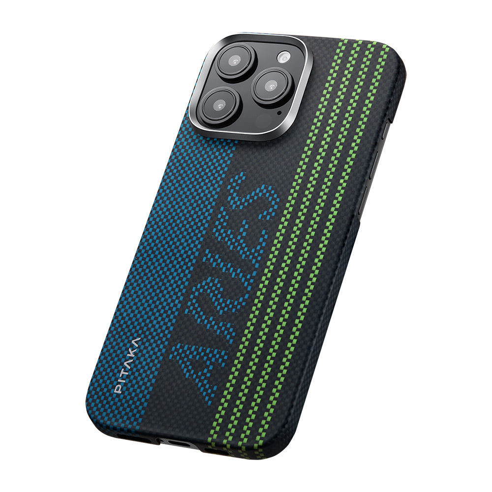 iPhone 16 Pro Max Kılıf M-safe Şarj Özellikli Lumintex Teknolojili Fosforlu Aramid Karbon Fiber Pitaka Tactile Woven Aries Serisi Credit Card Kılıf