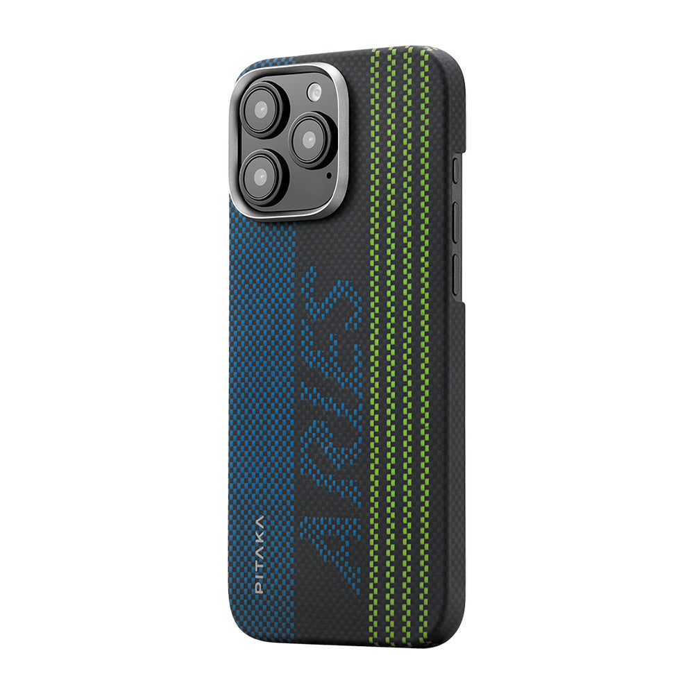 iPhone 16 Pro Max Kılıf M-safe Şarj Özellikli Lumintex Teknolojili Fosforlu Aramid Karbon Fiber Pitaka Tactile Woven Aries Serisi Credit Card Kılıf