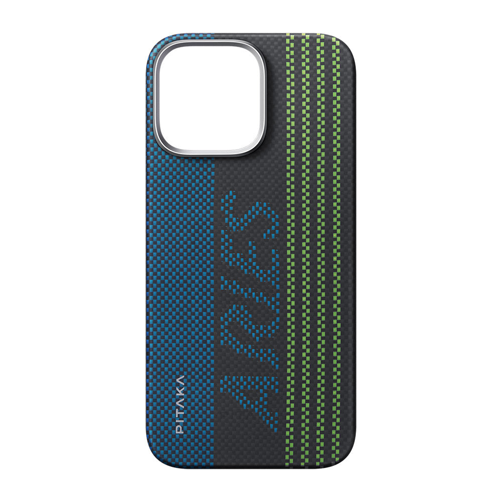 iPhone 16 Pro Max Kılıf M-safe Şarj Özellikli Lumintex Teknolojili Fosforlu Aramid Karbon Fiber Pitaka Tactile Woven Aries Serisi Credit Card Kılıf
