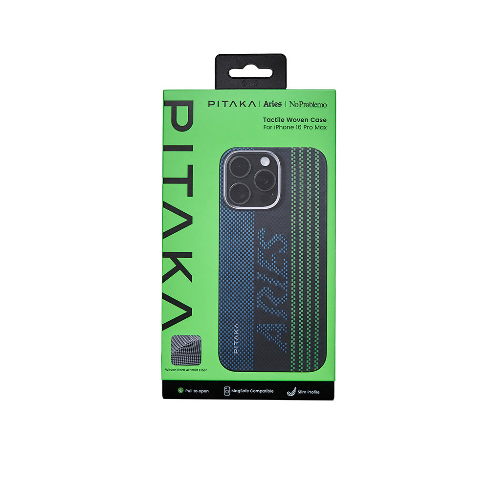 iPhone 16 Pro Max Kılıf M-safe Şarj Özellikli Lumintex Teknolojili Fosforlu Aramid Karbon Fiber Pitaka Tactile Woven Aries Serisi Credit Card Kılıf