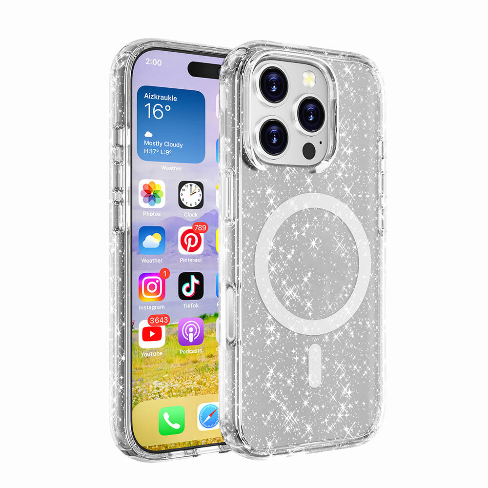 iPhone 16 Pro Max Kılıf M-safe Şarj Özellikli Parlayan Simli Saydam Renkli Zore Allstar Kılıf