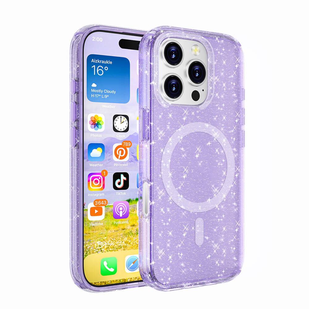 iPhone 16 Pro Max Kılıf M-safe Şarj Özellikli Parlayan Simli Saydam Renkli Zore Allstar Kılıf