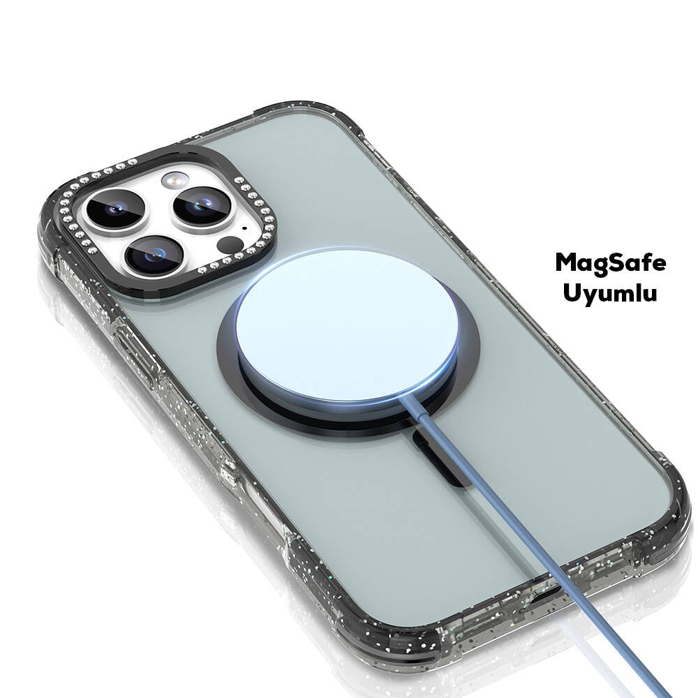 iPhone 16 Pro Max Kılıf M-safe Şarj Özellikli Taşlı ve Simli Tasarım Mutural Blink Kılıf