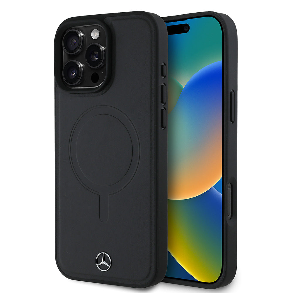 iPhone 16 Pro Max Kılıf Mercedes Benz Orijinal Lisanslı M-safe Şarj Özellikli Metal Yıldız Logolu Sade Pürüzsüz Deri Kılıf
