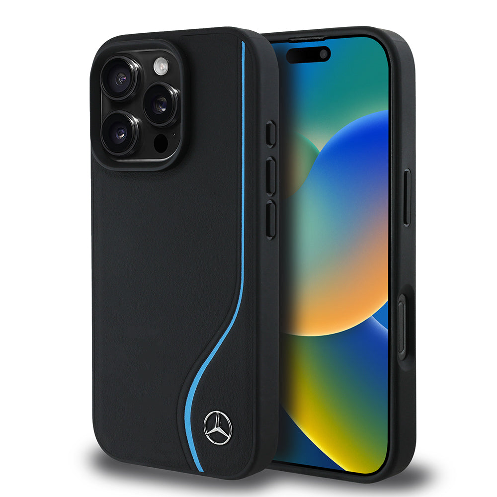 iPhone 16 Pro Max Kılıf Mercedes Benz Orijinal Lisanslı M-safe Şarj Özellikli 3D Metal Logolu Mavi Dikey Eğri Çizgili Deri Kılıf