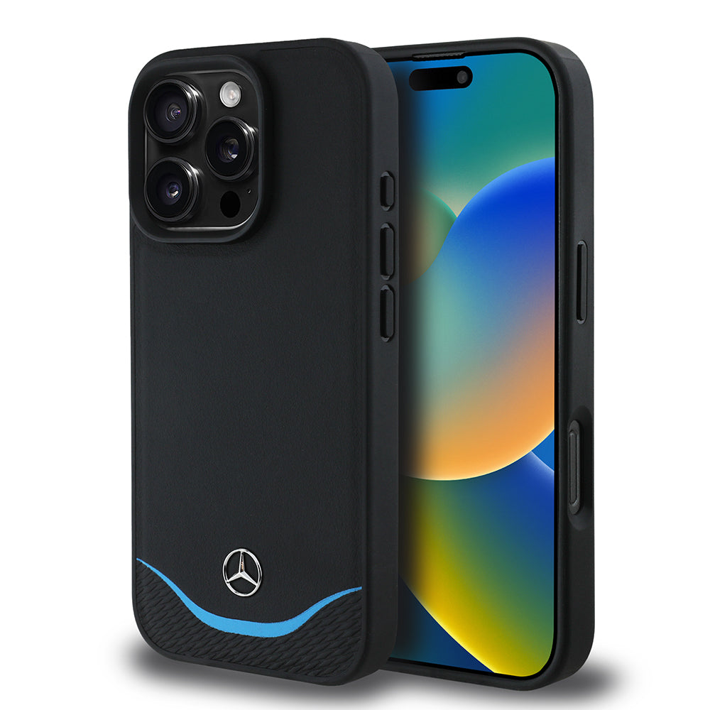 iPhone 16 Pro Max Kılıf Mercedes Benz Orijinal Lisanslı M-safe Şarj Özellikli 3D Metal Logolu Mavi Yatay Eğri Çizgili Deri Kılıf