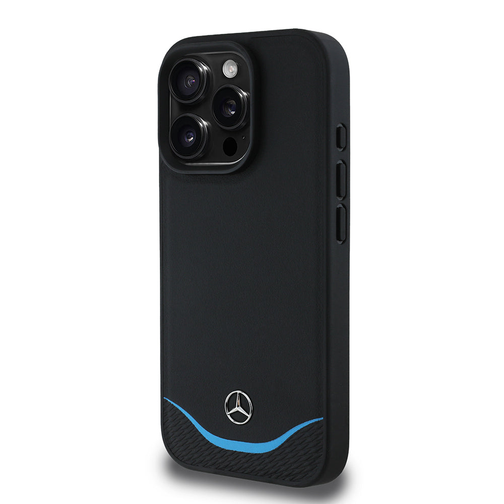 iPhone 16 Pro Max Kılıf Mercedes Benz Orijinal Lisanslı M-safe Şarj Özellikli 3D Metal Logolu Mavi Yatay Eğri Çizgili Deri Kılıf