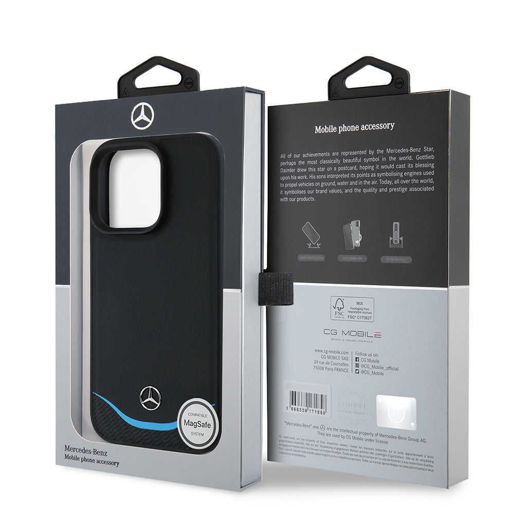 iPhone 16 Pro Max Kılıf Mercedes Benz Orijinal Lisanslı M-safe Şarj Özellikli 3D Metal Logolu Mavi Yatay Eğri Çizgili Deri Kılıf