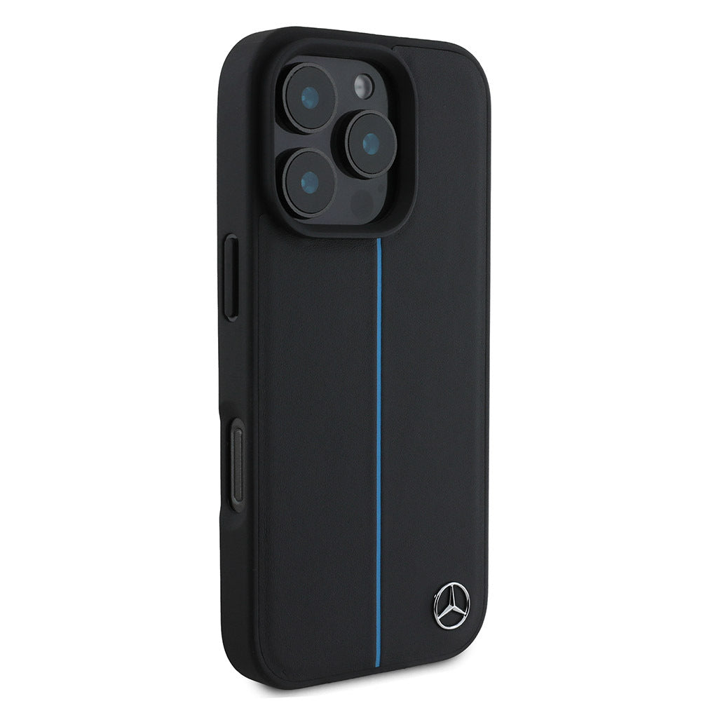 iPhone 16 Pro Max Kılıf Mercedes Benz Orijinal Lisanslı M-safe Şarj Özellikli Metal Yıldız Logolu Mavi Çizgili Deri Kılıf