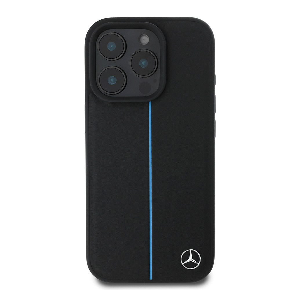 iPhone 16 Pro Max Kılıf Mercedes Benz Orijinal Lisanslı M-safe Şarj Özellikli Metal Yıldız Logolu Mavi Çizgili Deri Kılıf