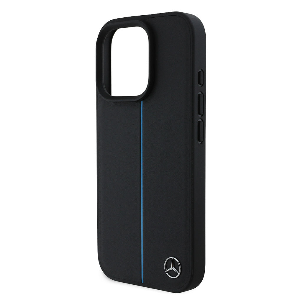 iPhone 16 Pro Max Kılıf Mercedes Benz Orijinal Lisanslı M-safe Şarj Özellikli Metal Yıldız Logolu Mavi Çizgili Deri Kılıf