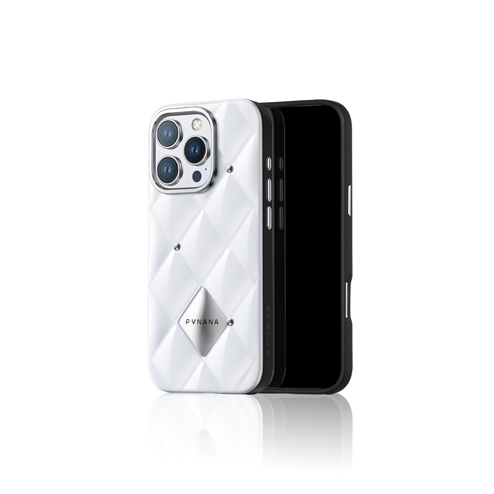 iPhone 16 Pro Max Kılıf Parlak Arka Yüzeyli Kabartma Tasarımlı Kapitone Pynana Metal Diamond Serisi Kılıf