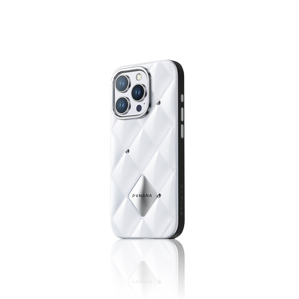 iPhone 16 Pro Max Kılıf Parlak Arka Yüzeyli Kabartma Tasarımlı Kapitone Pynana Metal Diamond Serisi Kılıf