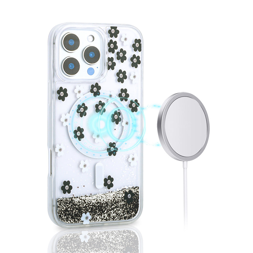 iPhone 16 Pro Max Kılıf Sıvılı Simli Baskılı Şeffaf Arka Yüzey Zore Mossa Silikon Kılıf