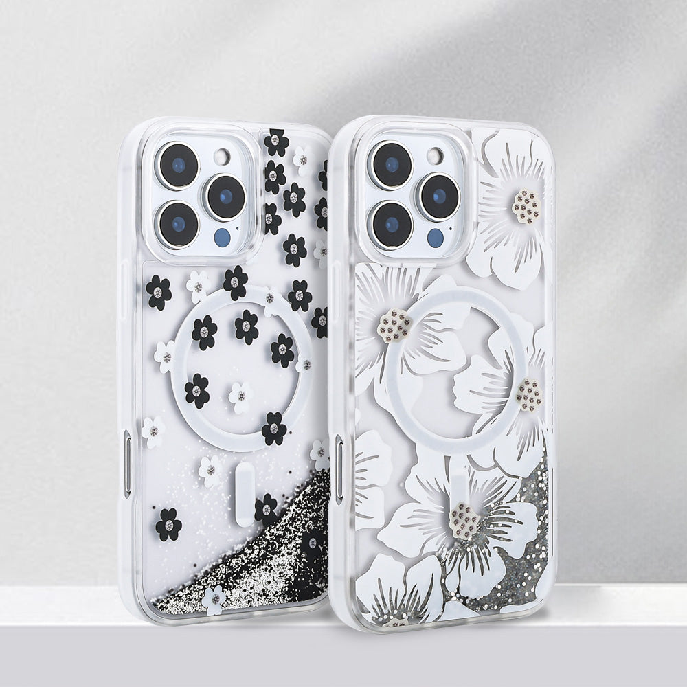 iPhone 16 Pro Max Kılıf Sıvılı Simli Baskılı Şeffaf Arka Yüzey Zore Mossa Silikon Kılıf