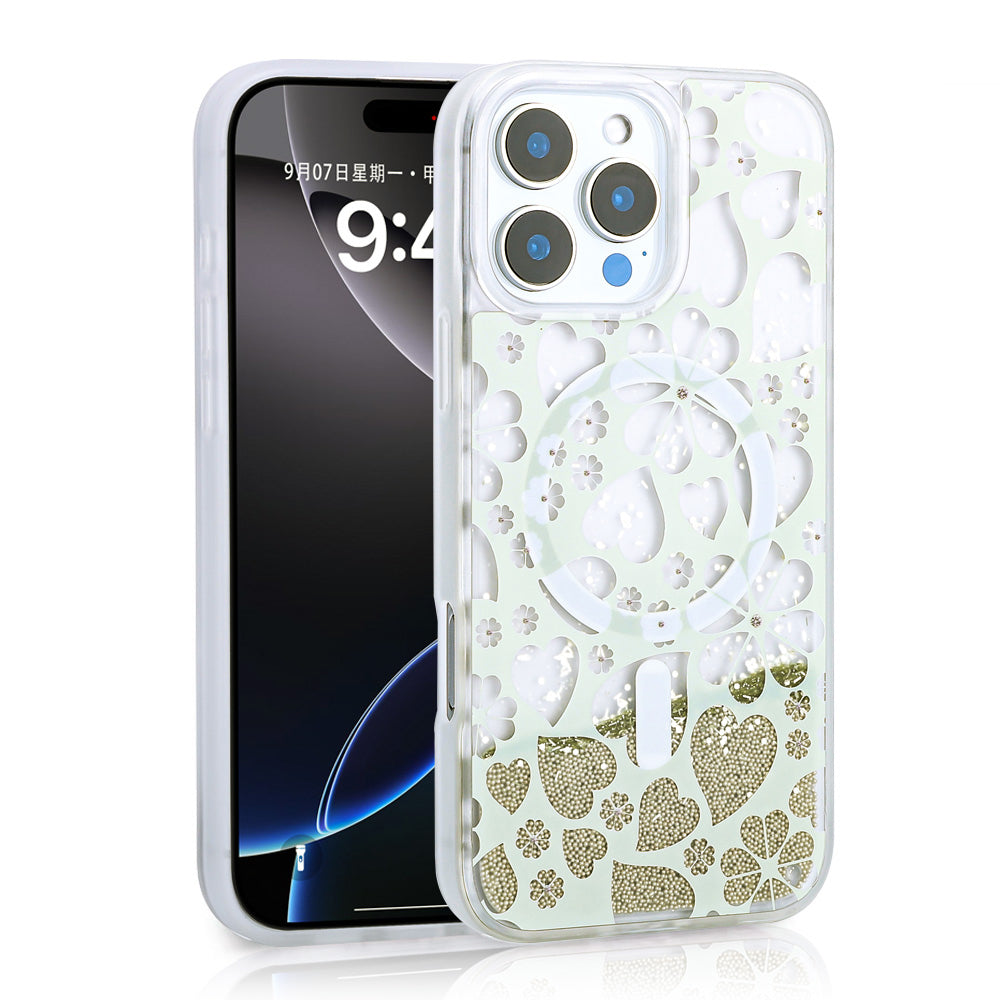 iPhone 16 Pro Max Kılıf Sıvılı Simli Baskılı Şeffaf Arka Yüzey Zore Mossa Silikon Kılıf