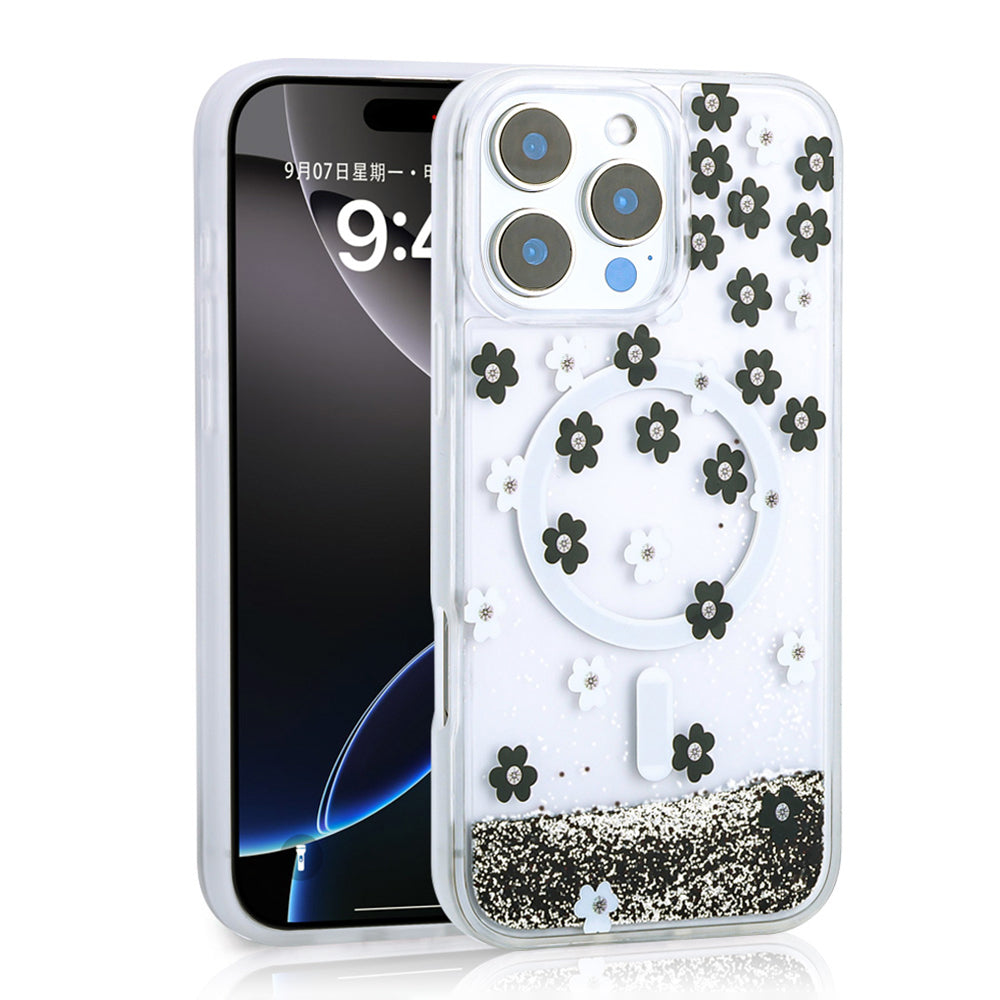 iPhone 16 Pro Max Kılıf Sıvılı Simli Baskılı Şeffaf Arka Yüzey Zore Mossa Silikon Kılıf
