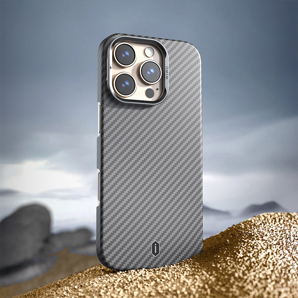 iPhone 16 Pro Max Kılıf Wiwu DCC-206 M-safe Şarj Özellikli Kamera Standlı Aramid Fiber Tasarım Kevlar Kılıf