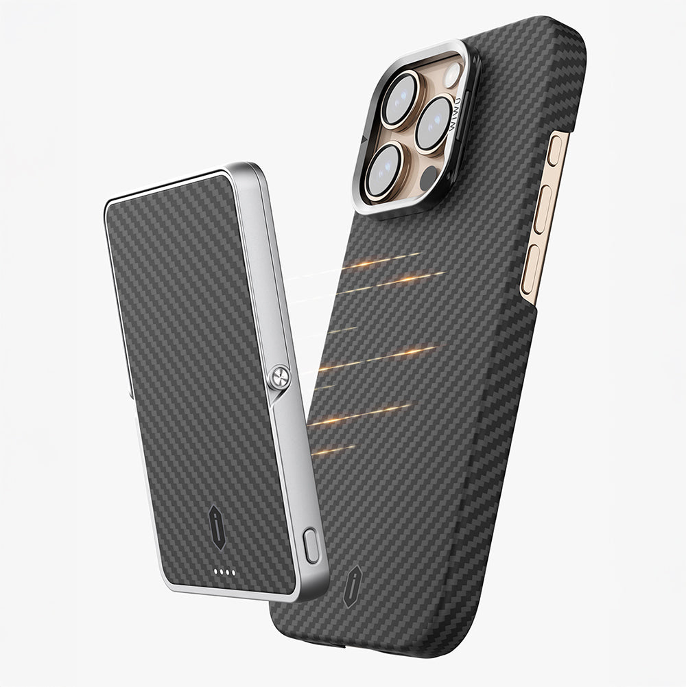 iPhone 16 Pro Max Kılıf Wiwu DCC-206 M-safe Şarj Özellikli Kamera Standlı Aramid Fiber Tasarım Kevlar Kılıf