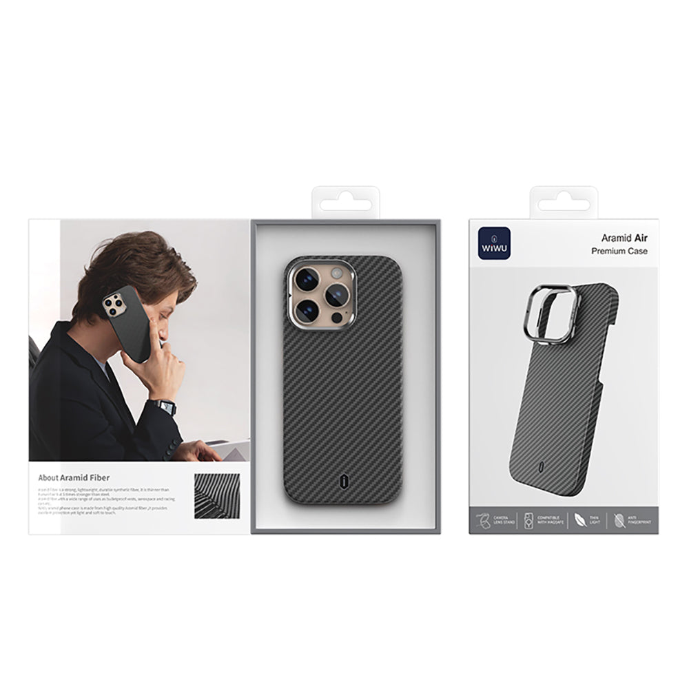 iPhone 16 Pro Max Kılıf Wiwu DCC-206 M-safe Şarj Özellikli Kamera Standlı Aramid Fiber Tasarım Kevlar Kılıf