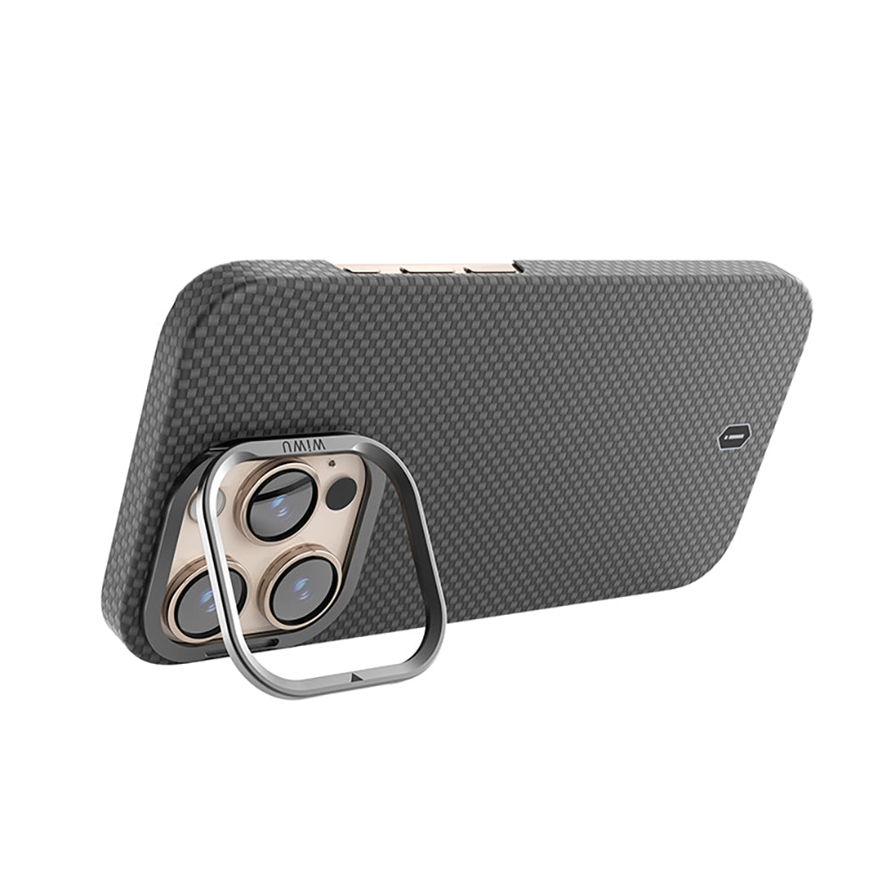 iPhone 16 Pro Max Kılıf Wiwu DCC-208 M-safe Şarj Özellikli Kamera Standlı Aramid Fiber Tasarım Kevlar Kılıf