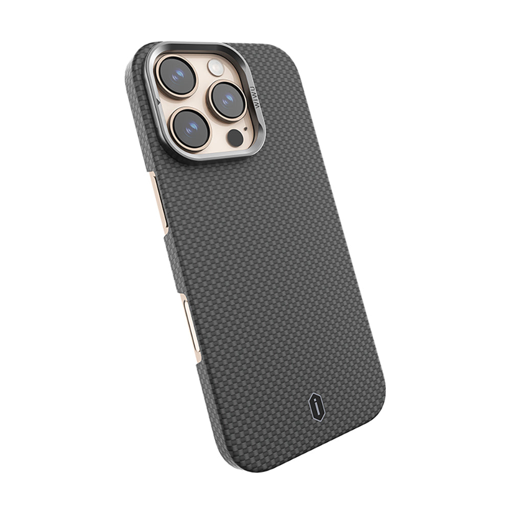 iPhone 16 Pro Max Kılıf Wiwu DCC-208 M-safe Şarj Özellikli Kamera Standlı Aramid Fiber Tasarım Kevlar Kılıf