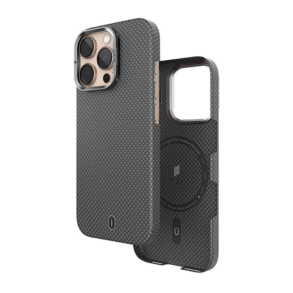 iPhone 16 Pro Max Kılıf Wiwu DCC-208 M-safe Şarj Özellikli Kamera Standlı Aramid Fiber Tasarım Kevlar Kılıf