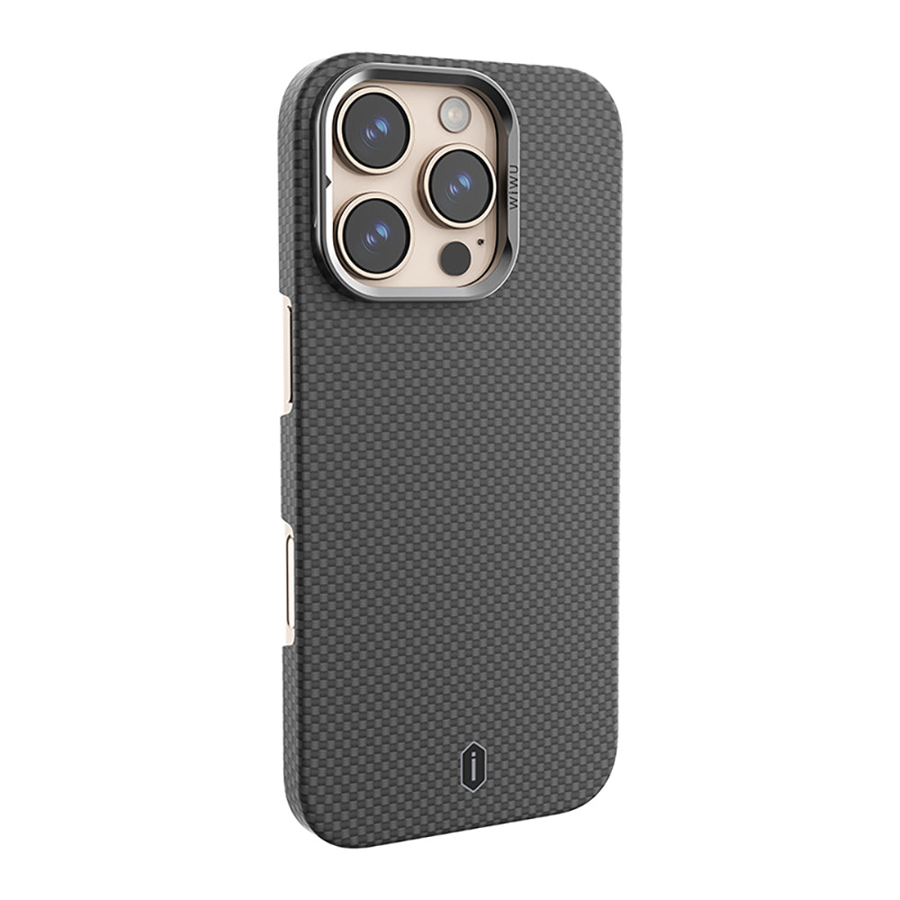 iPhone 16 Pro Max Kılıf Wiwu DCC-208 M-safe Şarj Özellikli Kamera Standlı Aramid Fiber Tasarım Kevlar Kılıf