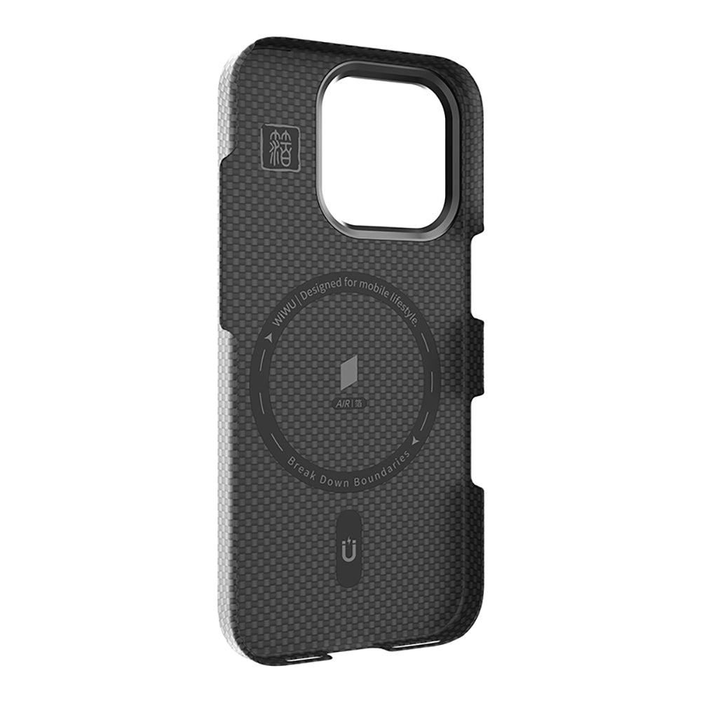 iPhone 16 Pro Max Kılıf Wiwu DCC-208 M-safe Şarj Özellikli Kamera Standlı Aramid Fiber Tasarım Kevlar Kılıf