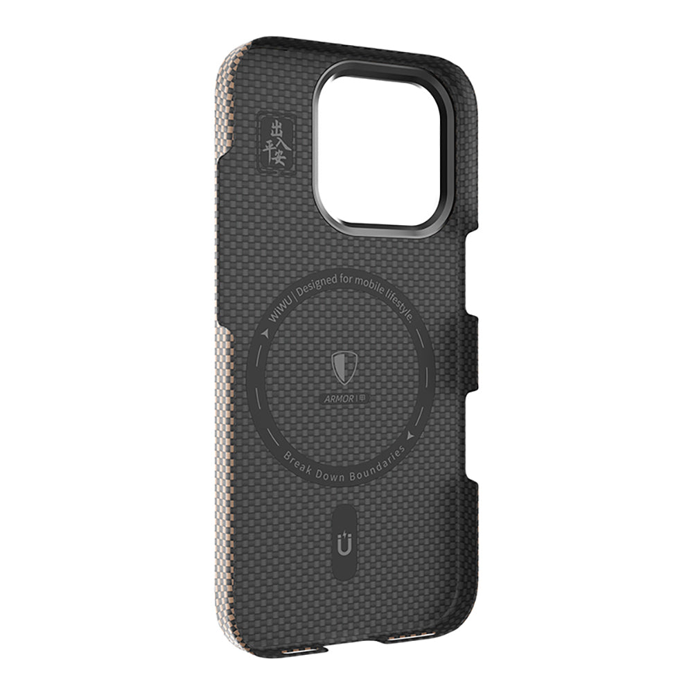 iPhone 16 Pro Max Kılıf Wiwu DCC-208 M-safe Şarj Özellikli Kamera Standlı Aramid Fiber Tasarım Kevlar Kılıf