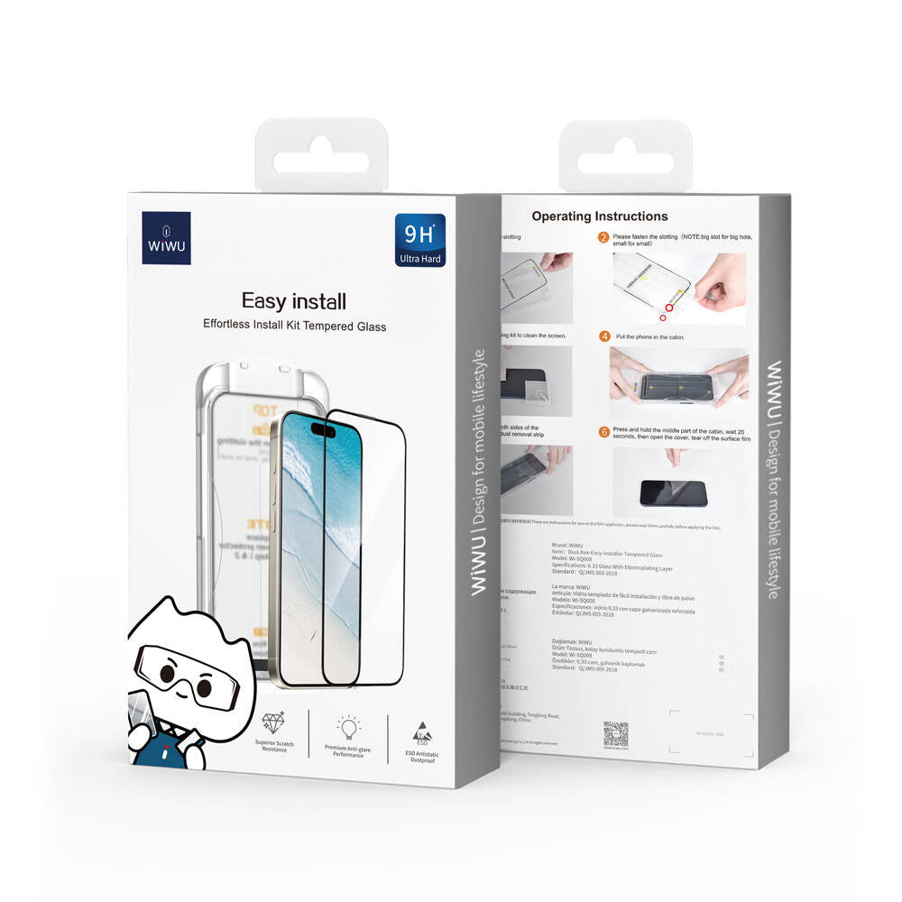 iPhone 16 Wiwu SQ-008 Oleofobik Easy Install Darbeye Karşı Dayanıklı Temperli Cam Ekran Koruyucu + Kolay Uygulama Aparatlı