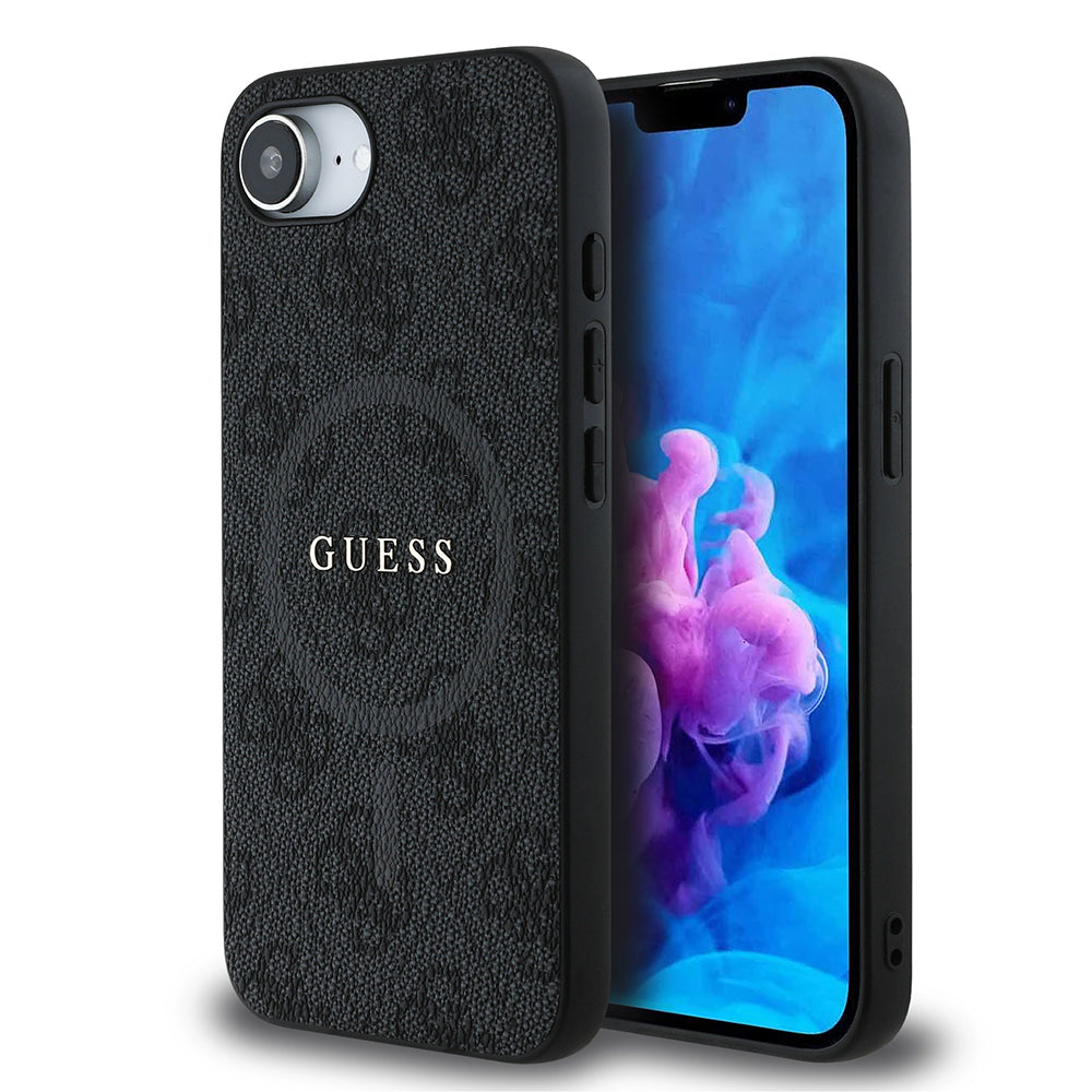 iPhone 16E Kılıf Guess Orijinal Lisanslı M-safe Şarj Özellikli PU Halkalı 4G Desenli Yazı Logolu Kılıf