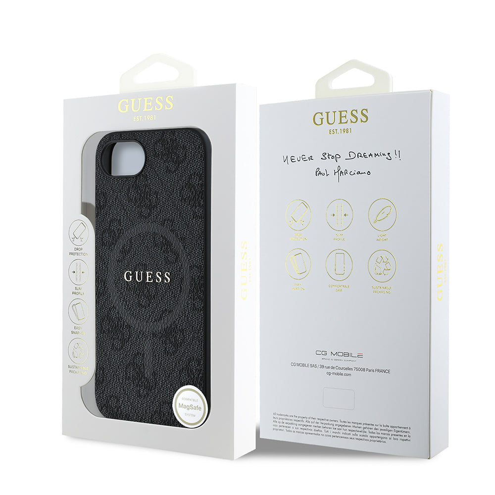 iPhone 16E Kılıf Guess Orijinal Lisanslı M-safe Şarj Özellikli PU Halkalı 4G Desenli Yazı Logolu Kılıf