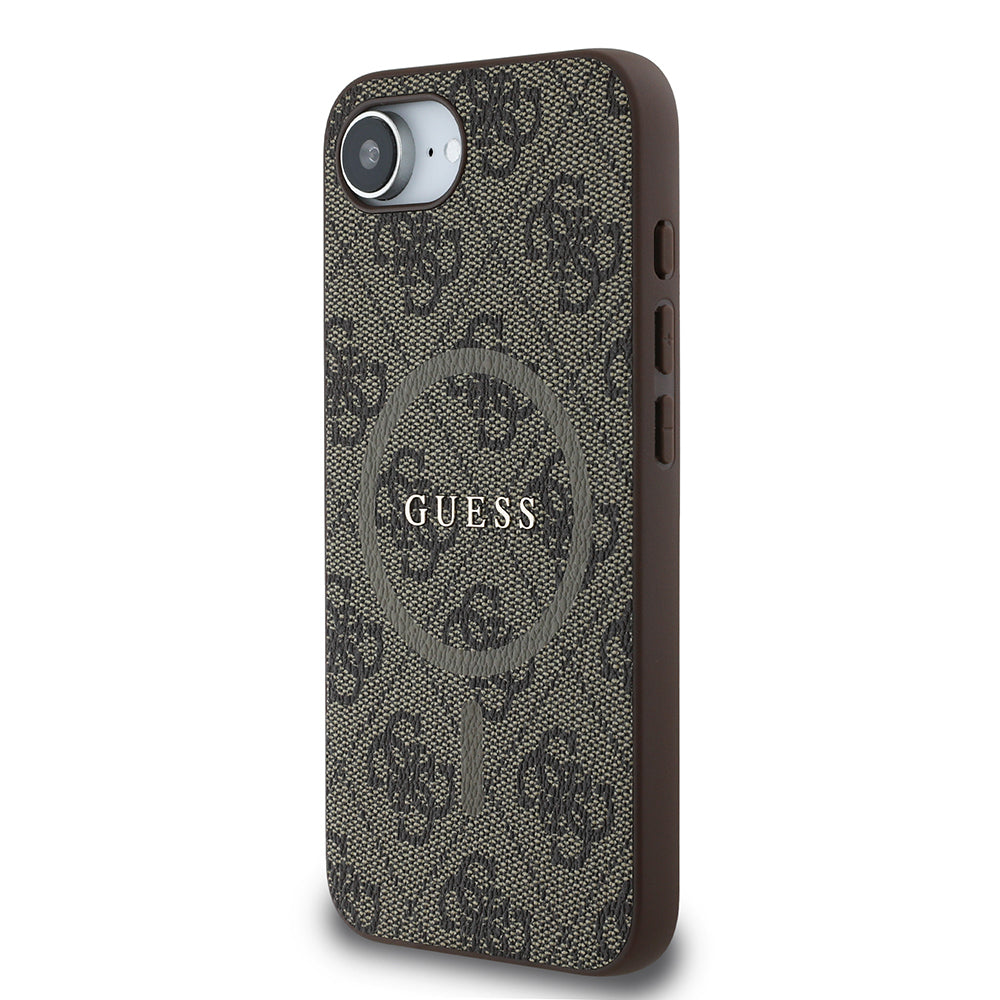 iPhone 16E Kılıf Guess Orijinal Lisanslı M-safe Şarj Özellikli PU Halkalı 4G Desenli Yazı Logolu Kılıf