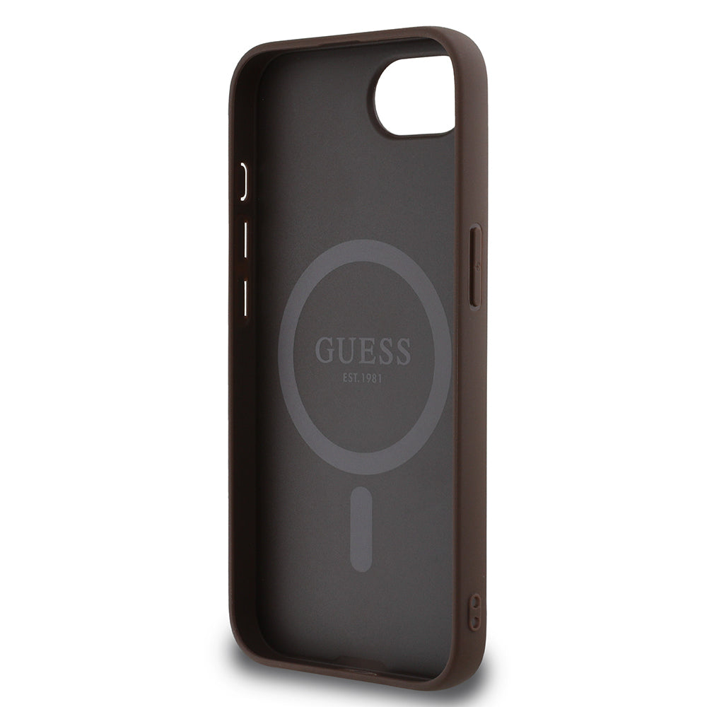 iPhone 16E Kılıf Guess Orijinal Lisanslı M-safe Şarj Özellikli PU Halkalı 4G Desenli Yazı Logolu Kılıf