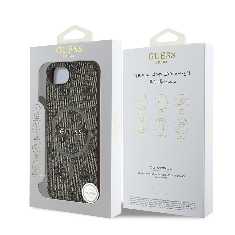 iPhone 16E Kılıf Guess Orijinal Lisanslı M-safe Şarj Özellikli PU Halkalı 4G Desenli Yazı Logolu Kılıf