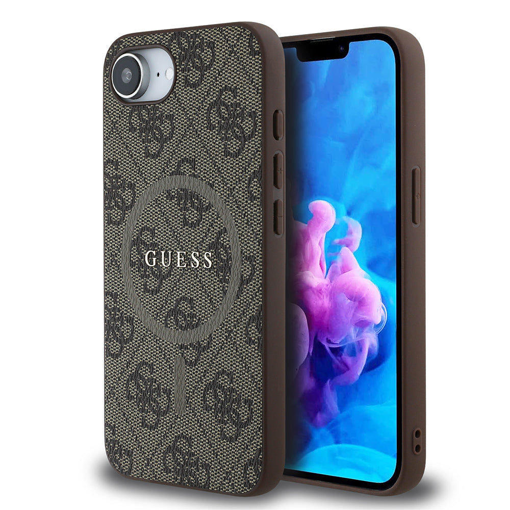 iPhone 16E Kılıf Guess Orijinal Lisanslı M-safe Şarj Özellikli PU Halkalı 4G Desenli Yazı Logolu Kılıf