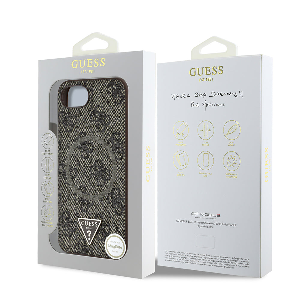 iPhone 16E Kılıf Guess Orijinal Lisanslı M-safe Şarj Özellikli PU Üçgen Logo 4G Desenli Kılıf