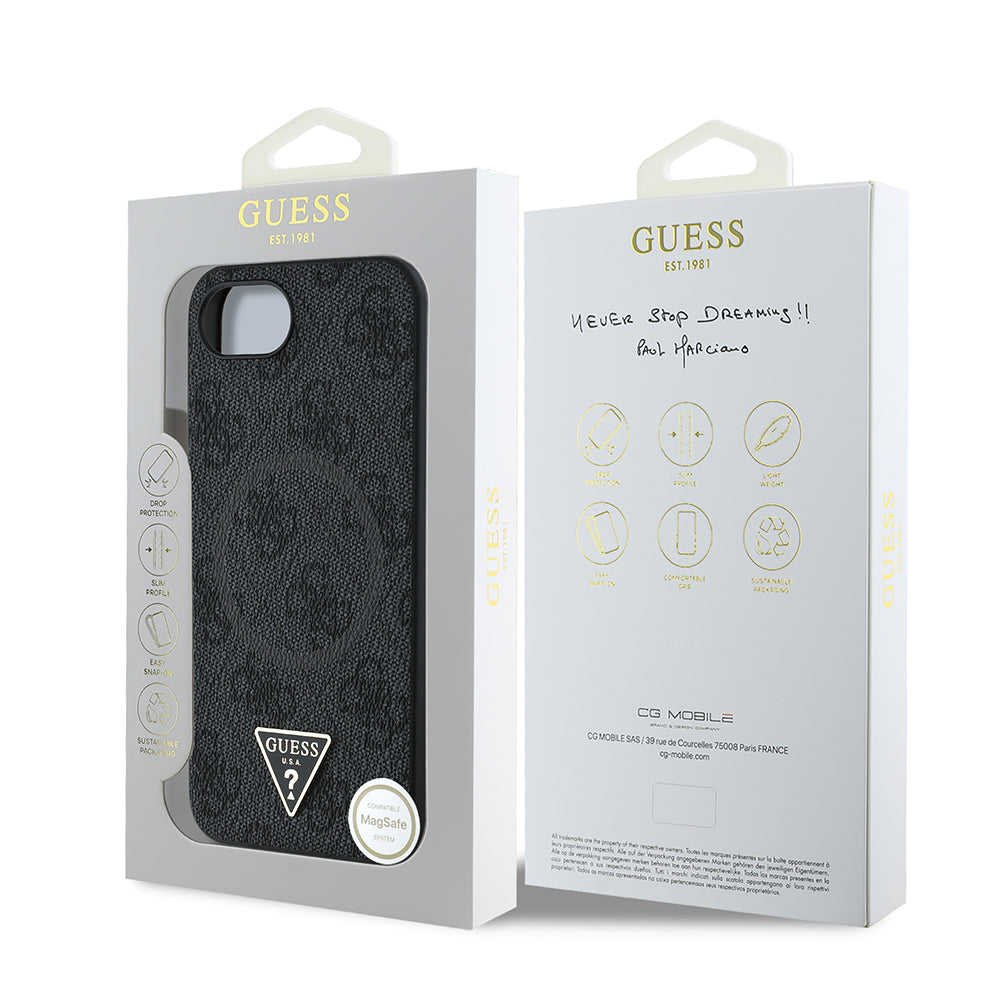 iPhone 16E Kılıf Guess Orijinal Lisanslı M-safe Şarj Özellikli PU Üçgen Logo 4G Desenli Kılıf