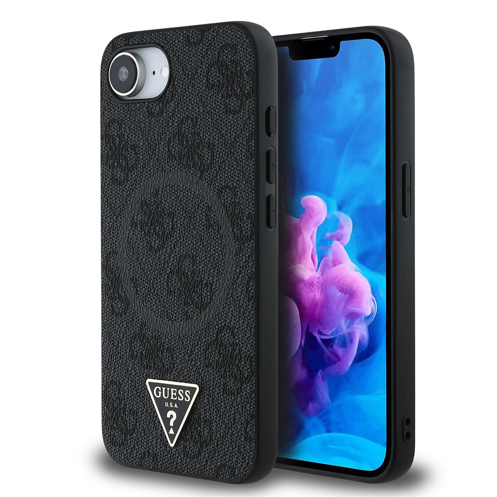iPhone 16E Kılıf Guess Orijinal Lisanslı M-safe Şarj Özellikli PU Üçgen Logo 4G Desenli Kılıf