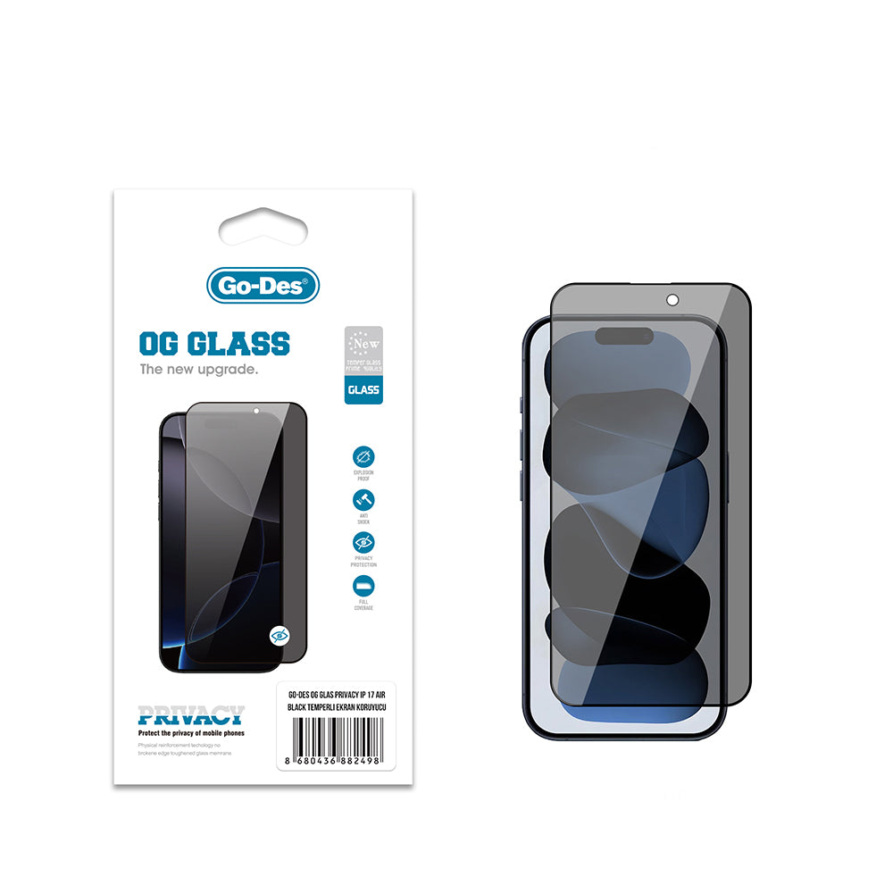 iPhone 17 Air Go Des OG Glass Privacy Antistatik Temperli Cam Ekran Koruyucu
