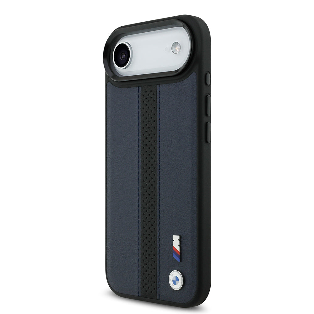 iPhone 17 Air Kılıf BMW Orijinal Lisanslı M-safe Şarj Özellikli Deri Arka Yüzey Metal Logolu Delikli Şerit Tasarımlı Kılıf