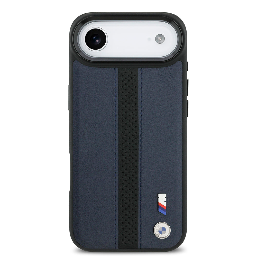 iPhone 17 Air Kılıf BMW Orijinal Lisanslı M-safe Şarj Özellikli Deri Arka Yüzey Metal Logolu Delikli Şerit Tasarımlı Kılıf