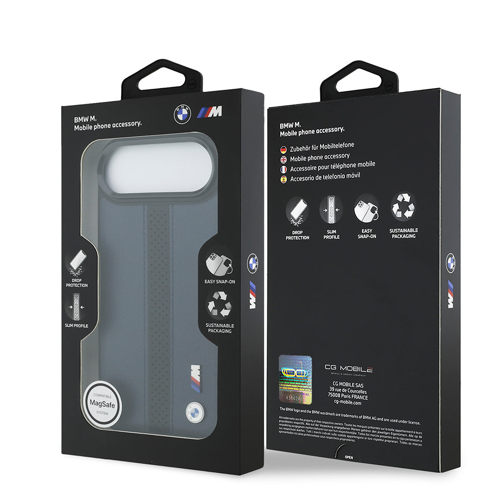 iPhone 17 Air Kılıf BMW Orijinal Lisanslı M-safe Şarj Özellikli Deri Arka Yüzey Metal Logolu Delikli Şerit Tasarımlı Kılıf