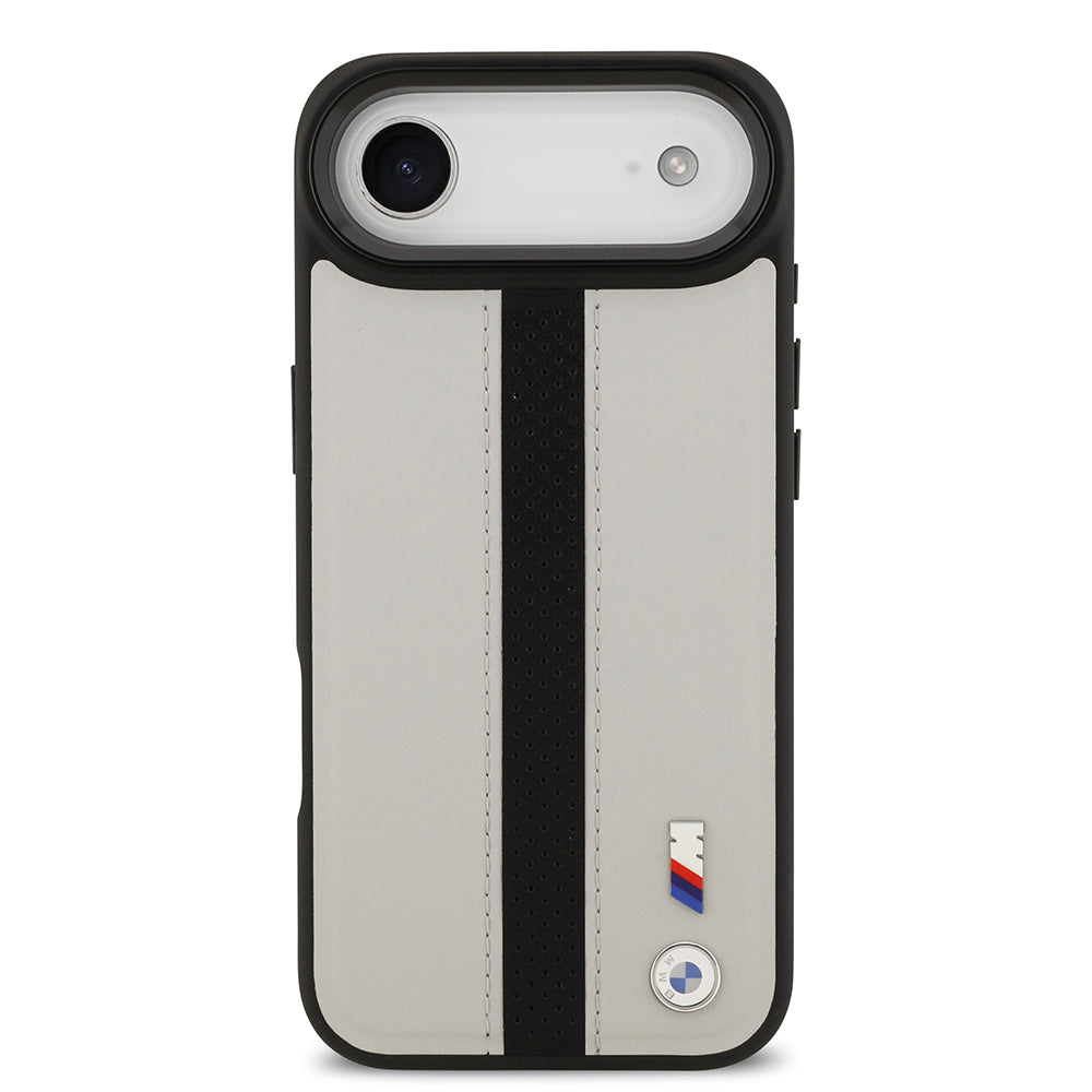 iPhone 17 Air Kılıf BMW Orijinal Lisanslı M-safe Şarj Özellikli Deri Arka Yüzey Metal Logolu Delikli Şerit Tasarımlı Kılıf