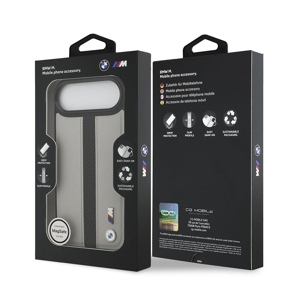 iPhone 17 Air Kılıf BMW Orijinal Lisanslı M-safe Şarj Özellikli Deri Arka Yüzey Metal Logolu Delikli Şerit Tasarımlı Kılıf