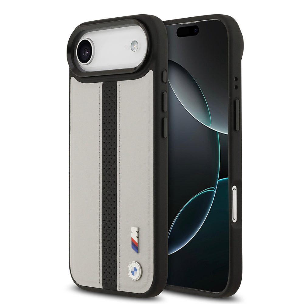 iPhone 17 Air Kılıf BMW Orijinal Lisanslı M-safe Şarj Özellikli Deri Arka Yüzey Metal Logolu Delikli Şerit Tasarımlı Kılıf