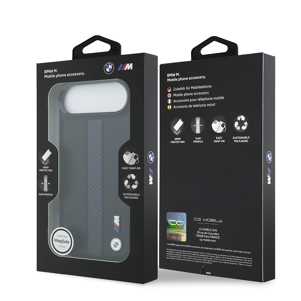 iPhone 17 Air Kılıf BMW Orijinal Lisanslı M-safe Şarj Özellikli Deri Arka Yüzey Metal Logolu Delikli Şerit Tasarımlı Kılıf