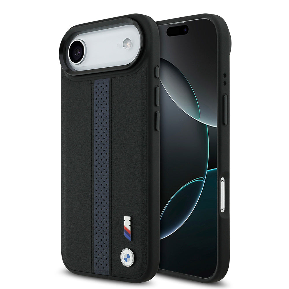 iPhone 17 Air Kılıf BMW Orijinal Lisanslı M-safe Şarj Özellikli Deri Arka Yüzey Metal Logolu Delikli Şerit Tasarımlı Kılıf